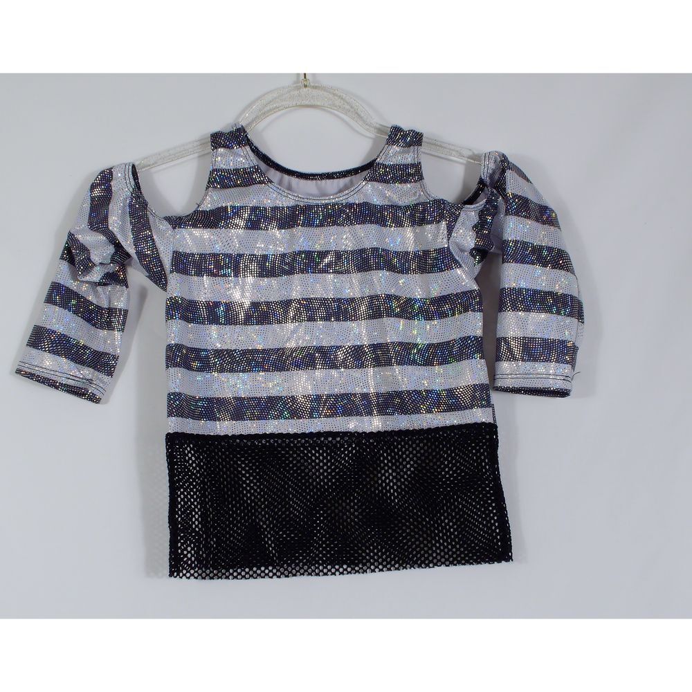 Leo's Dance Wear Girl's Striped Top Cold Shoulder Glitter Mesh‎ Sparkle